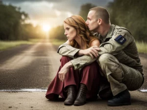 A soldier and a woman hugging on a road.